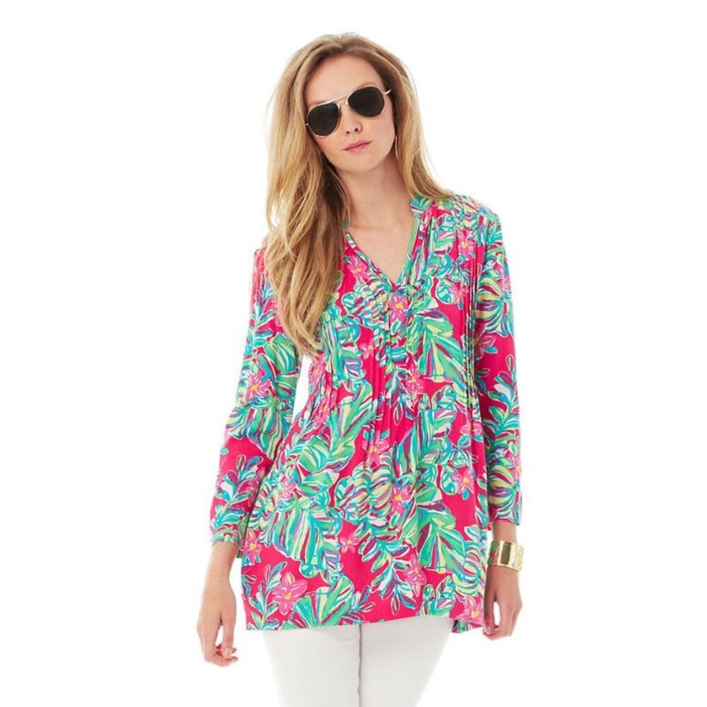 Lilly‎ Pulitzer Women's Pink Green Floral Sarasota Pintuck Tunic Top Size Large